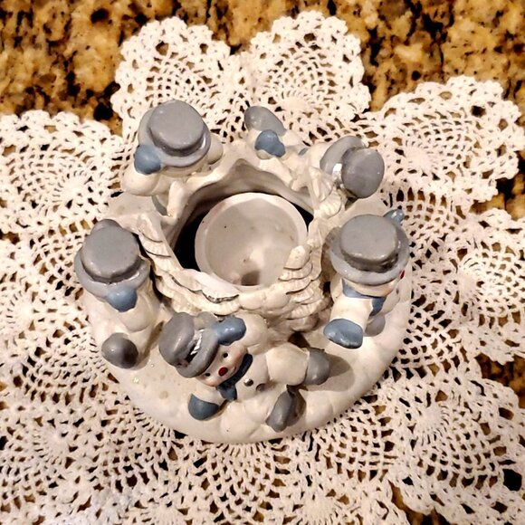 Ceramic Snowmen Pillar Candle Holder ~ 5 Cute Snowmen Circled around Center - Picture 4 of 5
